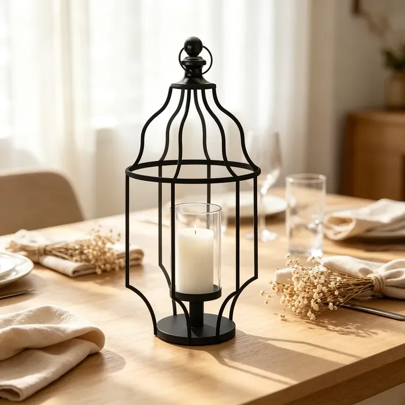 Black Open Metal Lantern Large Curved Hanging Candlestick for Banquet Farmhouse Indoor Outdoor Decoration