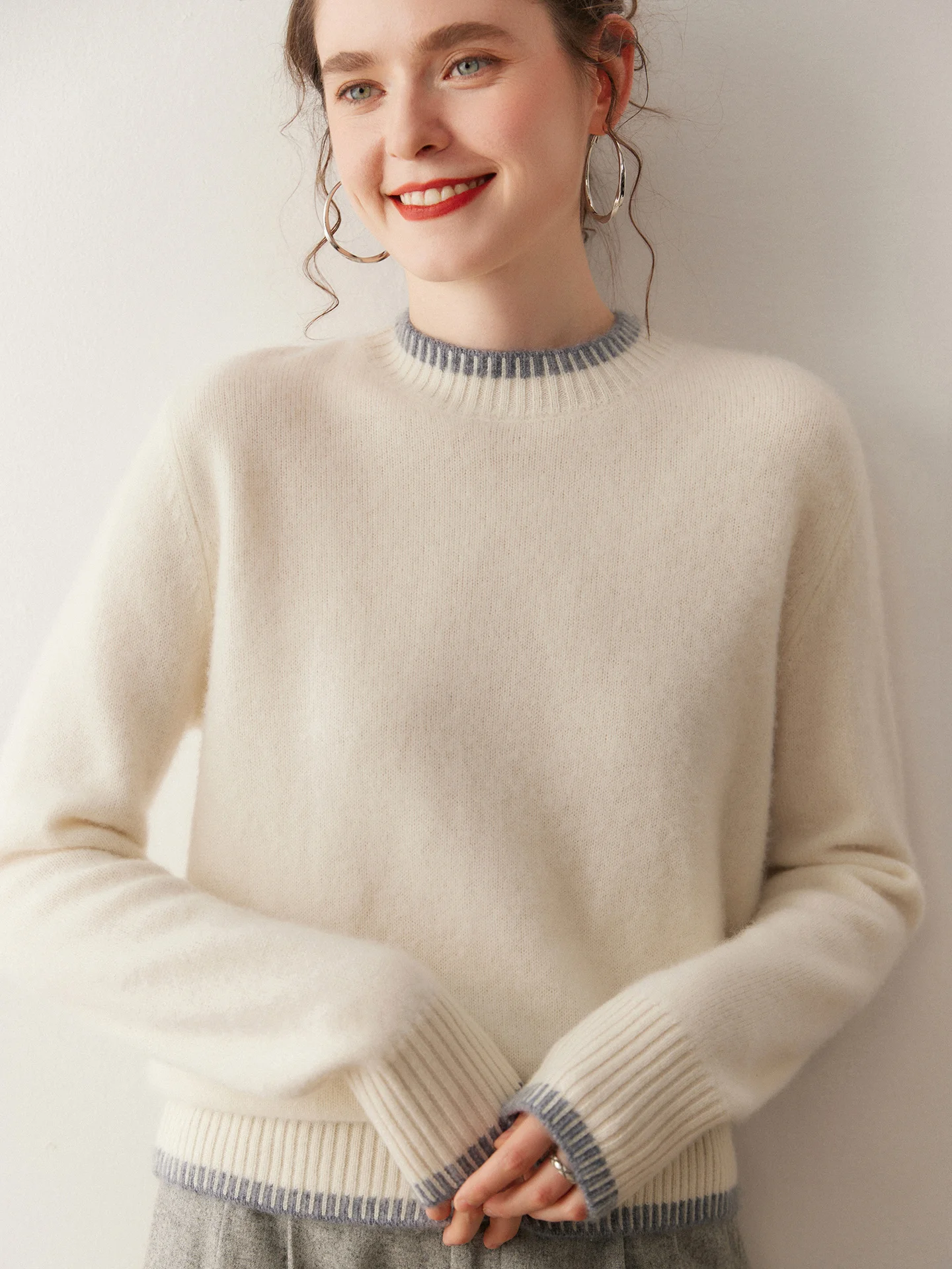 TLOML Women 100% Cashmere Sweater O-neck Color Blocking Pullover Autumn Winter High Quality Thicken Simple Cashmere Knitwear Top