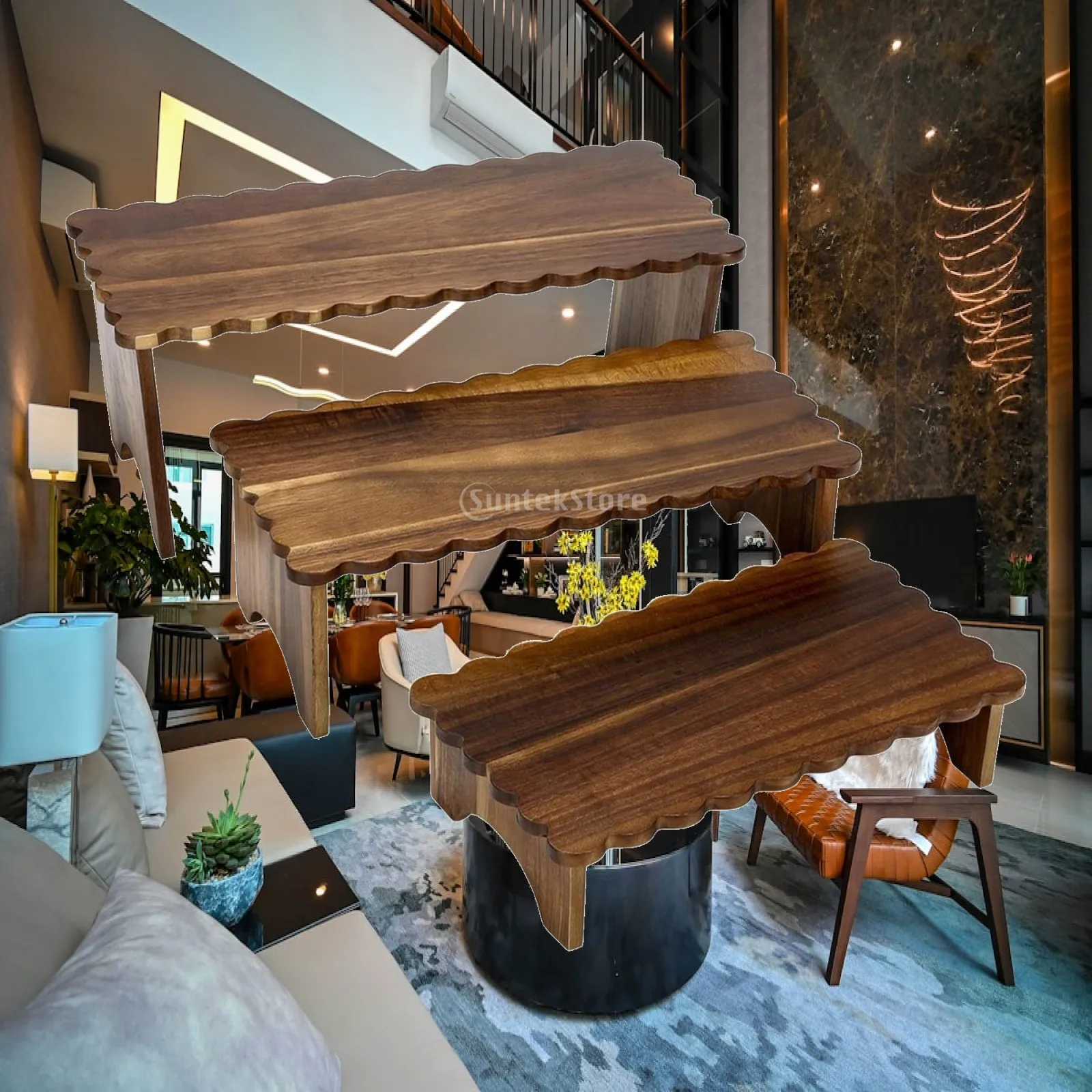 3 Pieces Solid Wood Display Riser with Integrated Legs Space-Saving Wooden Countertop Riser Tabletop Wood Stand Rustic Brown