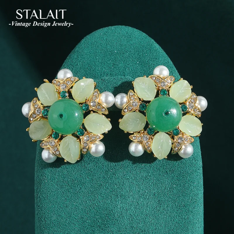 

Vintage Green Earrings Flower Jade Leaf Pearl Luxury Designer Jewelry Large Gold Color Accessories Woman High Quality 2025 New