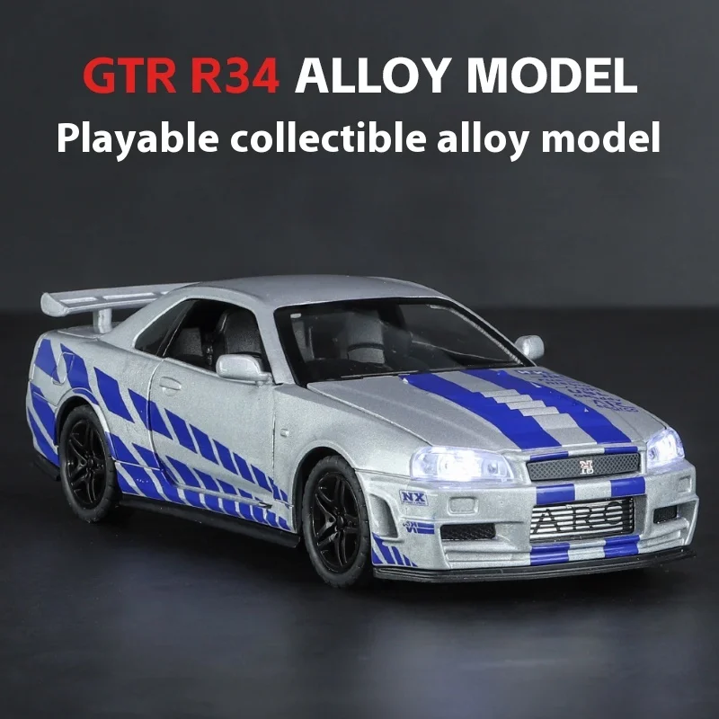 1:32 Scale GTR-R34 Alloy Car Model, Illuminated Wheels & Engine Sounds, Kids Collectible Racing Toy, Fun for Racing Fans