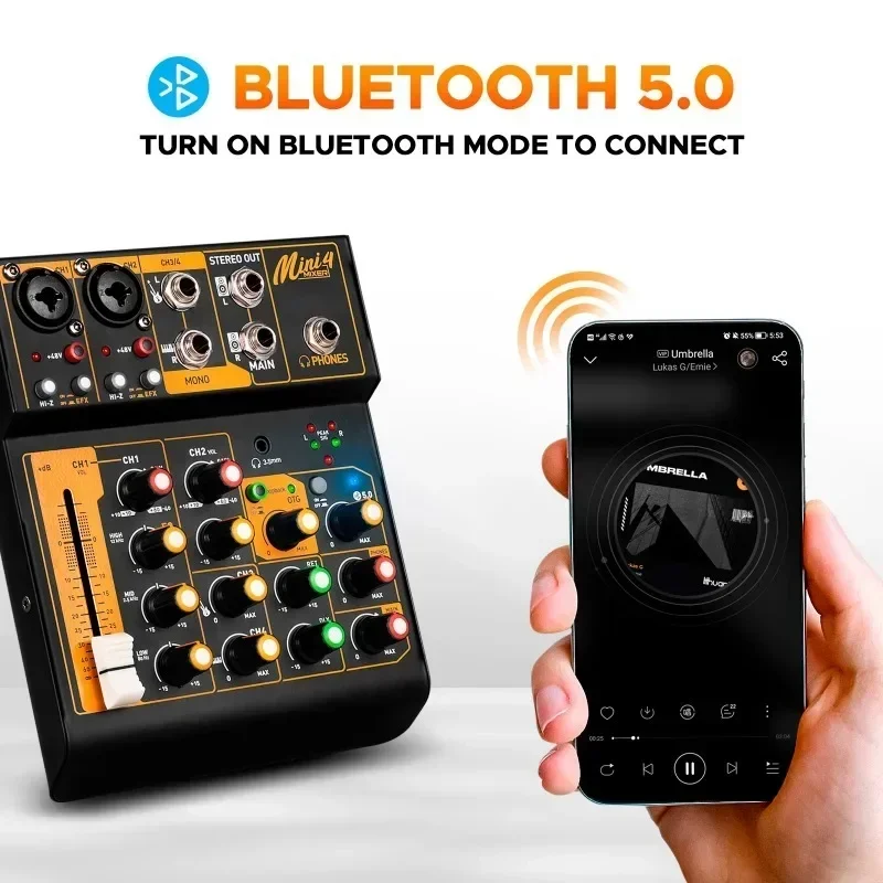 

Metal Mini4 Audio Mixer Interface DJ Console Bluetooth 5.0 OTG Reverb 48V Sound Card for Live Broadcast PC Recording Hot Sale