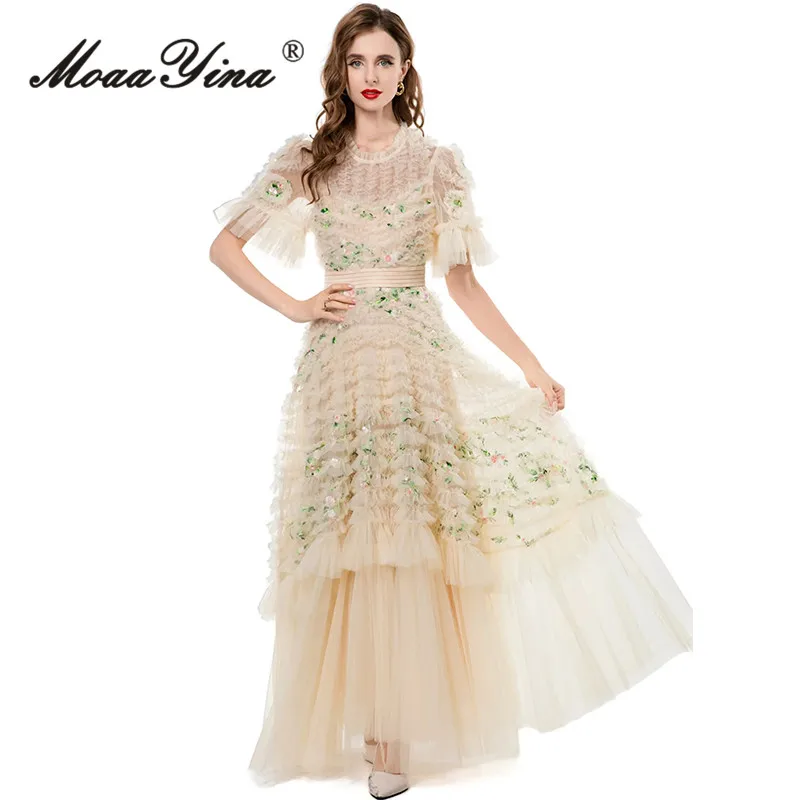 MoaaYina Vestido feminino retrô bordado estampado em camadas de malha plissada gola redonda manga curta S-4XL