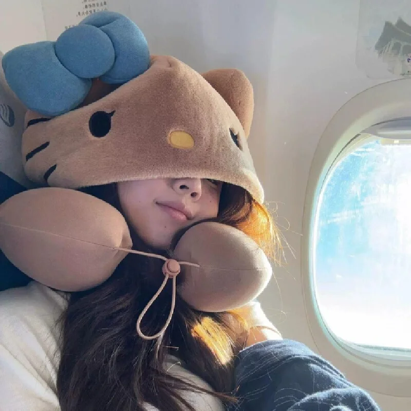 Sanrio Hello Kitty Cuscino da viaggio con cappuccio per aereo, treno, auto, morbido peluche, supporto per dormire con cappuccio regolabile, regalo