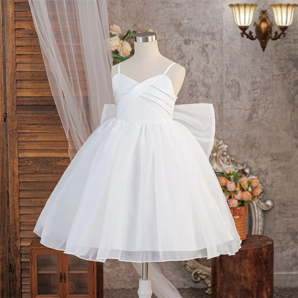 White Cross Pleat Spaghetti Strap Big Back Bow Tulle Princess Dress Cute Kid Girls Wedding Birthday Formal Pageant Costume ASQ03