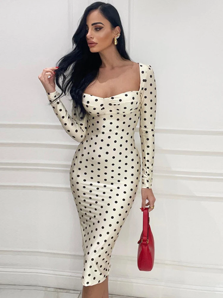 Sibybo Sexy Printed Slim Long Dress Women Autumn Square Collar Long Sleeve Bodycon Party Dresses Casual Office Lady Clothes