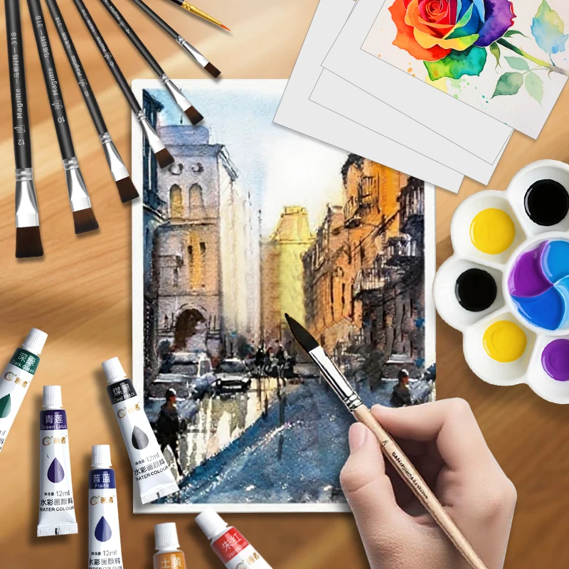 42/48/54pcs Watercolor Paint Set with Bag,12/18/24 Colors,Brushes,Paper,Palette,Brush Washer for School for Painting(5ml/0.17oz)