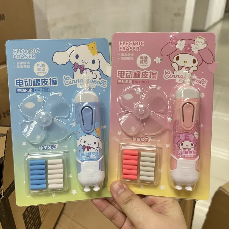 Sanrio 6/12/24 pieces electric eraser cartoon Kuromi Cinnamoroll with portable electric fan set battery student supplies