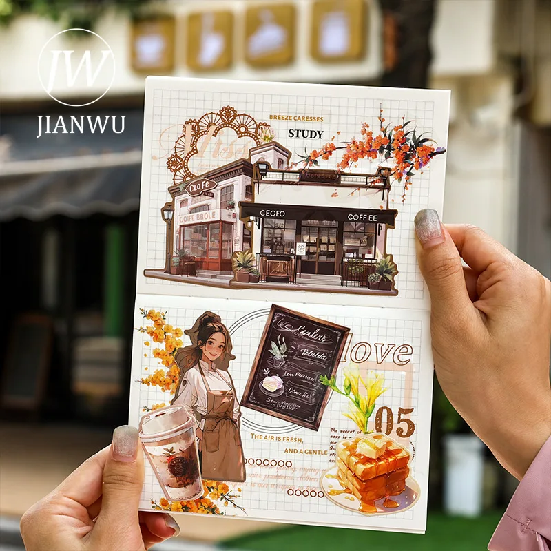 JIANWU Vintage Street Coffee Bread Character Landscape Material Collage Scrapbooking Sticker Creative DIY Journal Stationery view 4