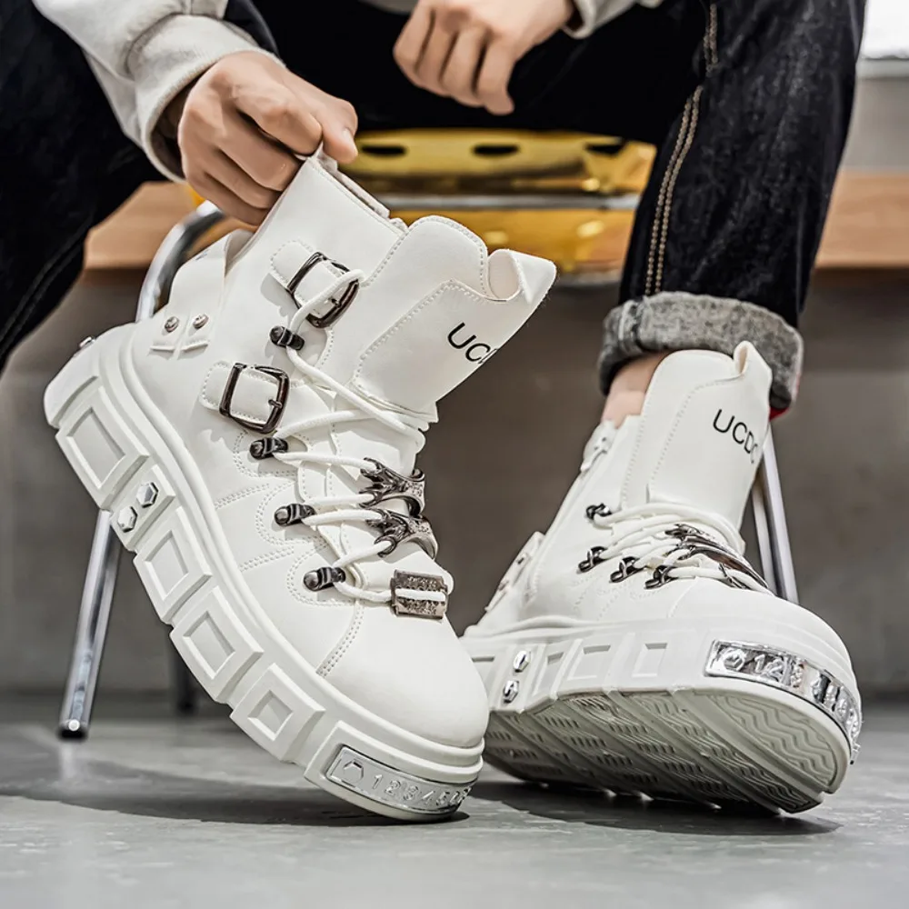 대형 사이즈 벨벳 여성용 2025 신상 플랫폼 메탈 펑크 힐 앵클 블랙 부츠 남성용