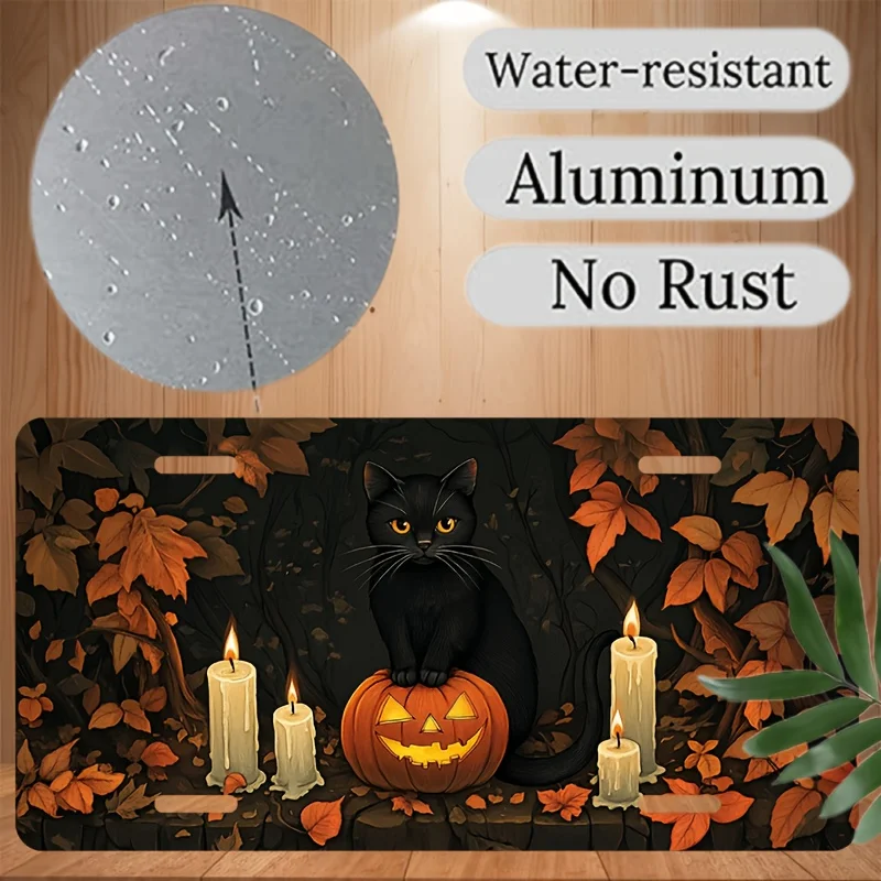 [Activate ]2D Flat[Activate]2D Flat License Plate Covers And Frames, Black Cat And Pumpkin Happy Halloween Decorations Halloween