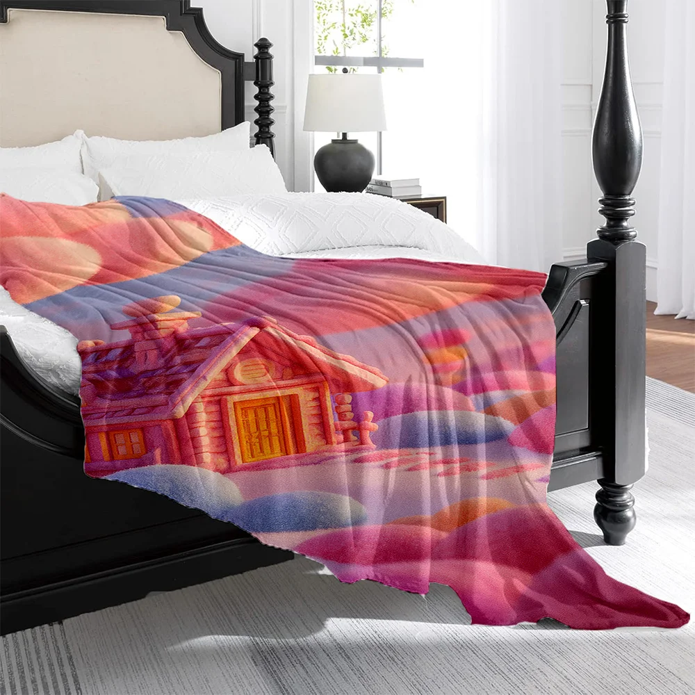 1pc Monet Pink Cottage Print Flannel Blanket, High-Thermal Flannel Blanket, Light -Friendly Warm Blanket | Soft Smooth Autumn