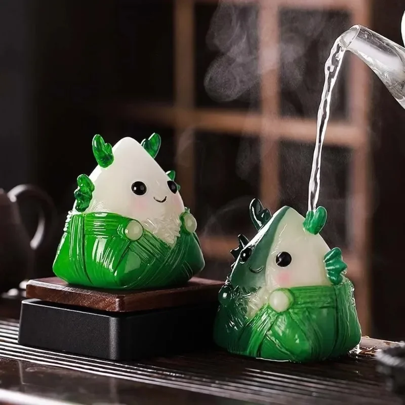 The Tea Favors Tea Pet Zongzi Sculpture High Temperatures Green Resin Rice Dumpling Statue Blessing Chinese Style