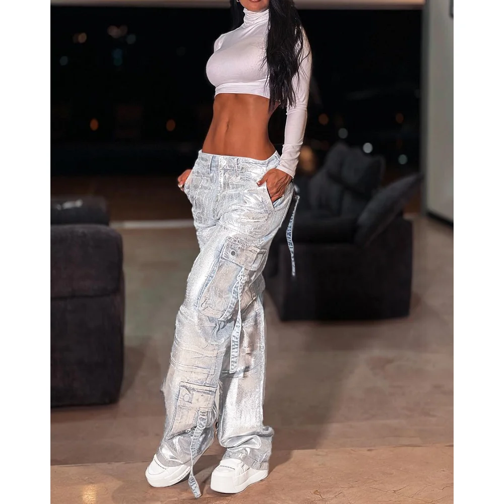 y2k Straight Pockets Hip Hop Trousers High Waist Jeans Women Fashion Silver Shiny Print Loose Wide Leg Denim Pants Streetwear