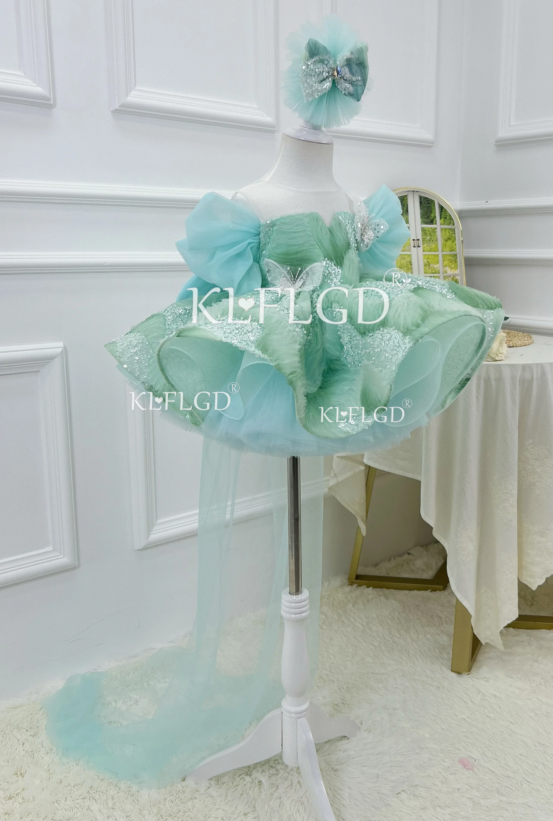 KLGFLD New Gorgeous High-End Cocktail Party Dress Elegant Girl Host Speech Trailing Dress Girl's First Birthday Party Costume