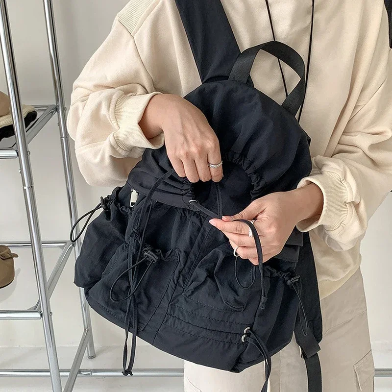 Multi Pocket Leisure Commuting Pure Color Versatile 2023 Women's Casual Bag Minimalist Niche String Large Capacity Backpack