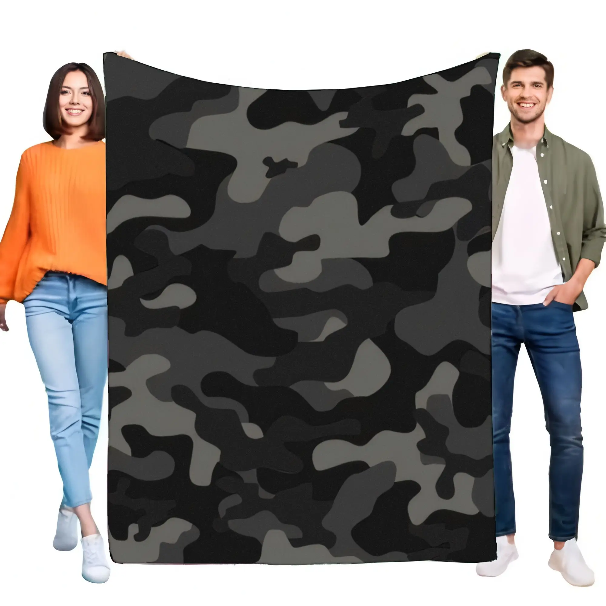 Große schwarze und graue Decke mit Tarnmuster, weiche Überwurfdecke, perfekt für Outdoor-Aktivitäten, Picknicks, Camping, gemütliches Zuhause