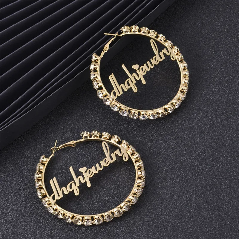 

Customized personalized full zircon round ring letter choke ring earrings Customized name stainless steel earrings Women's jewel