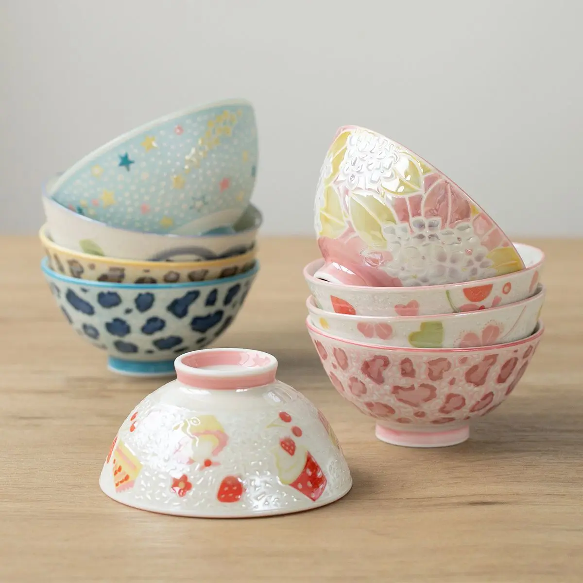 Japanese Imported Cute Shiny Ceramic Bowl, Cherry Cat Rice Bowls, Underglaze Colored Soup Bowls, Kitchen Utensils Noodle Bowl