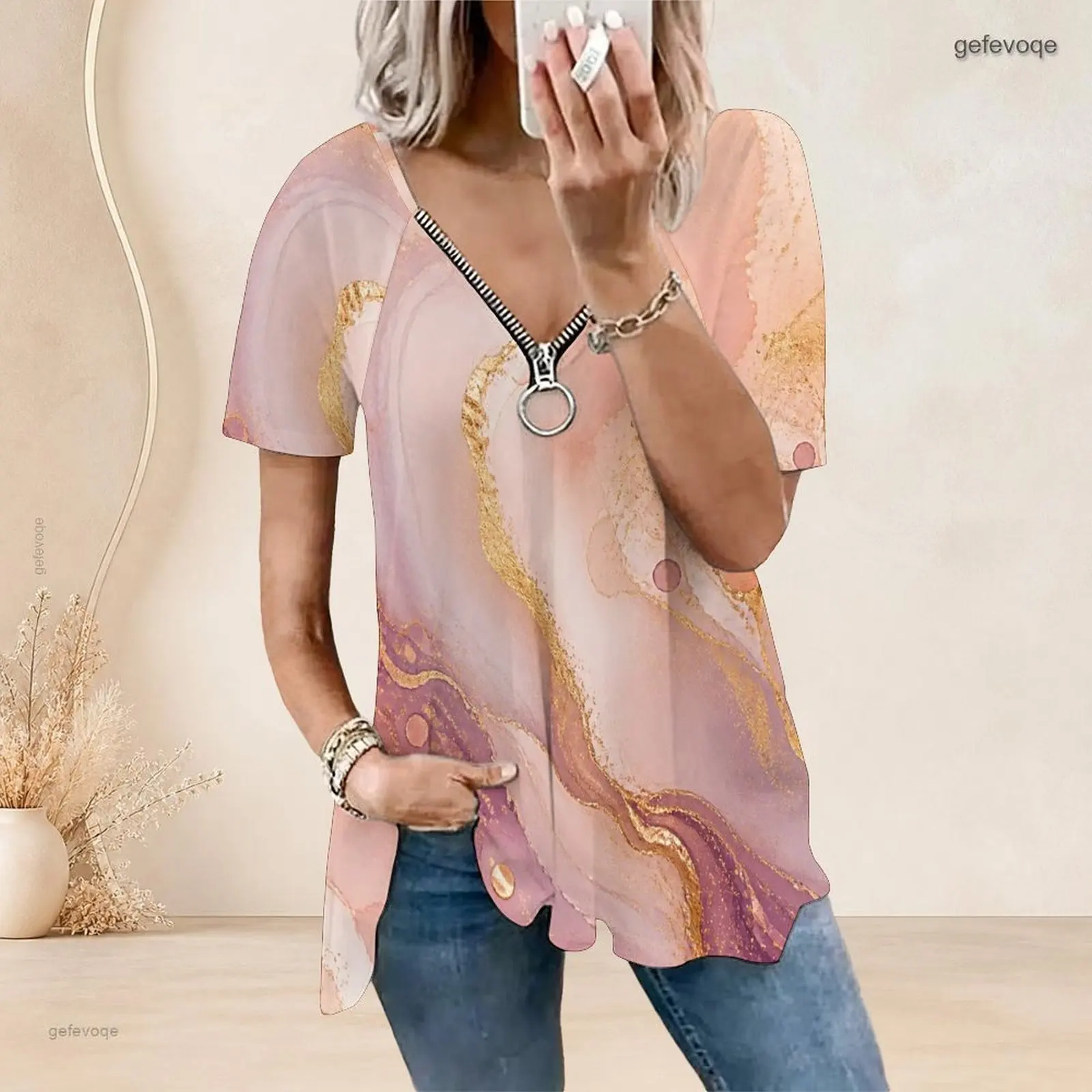 V Neck Ring Zip Short Sleeve Curved Hem Loose Fit Printed Top for Women