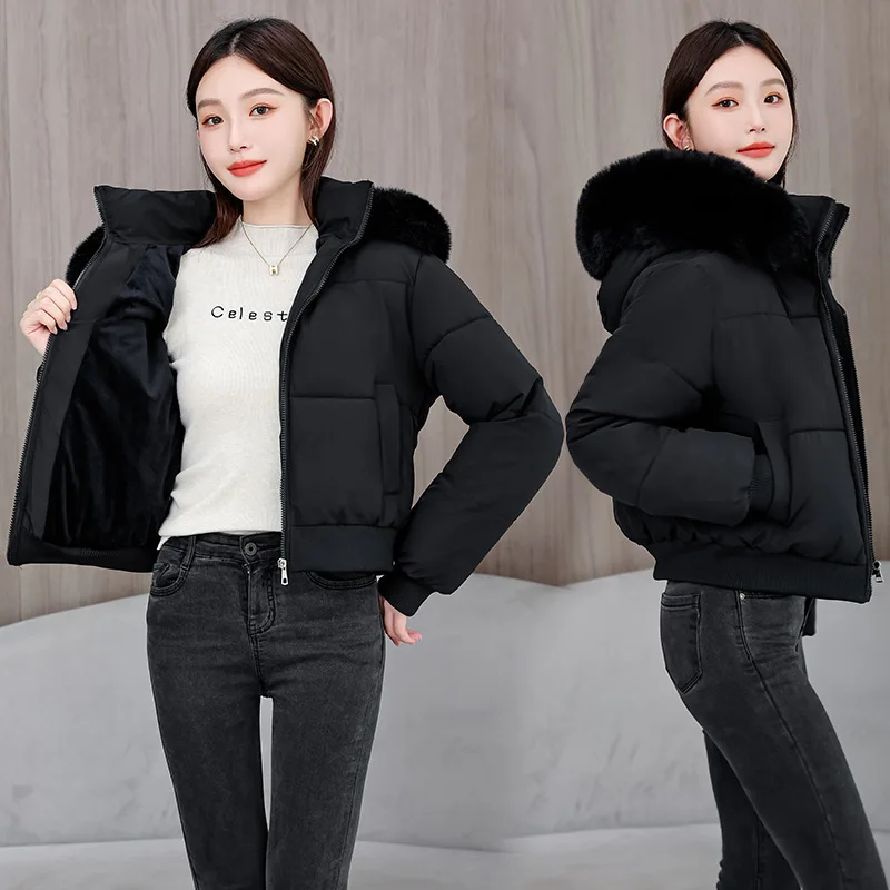 PinkyIsBlack Big Fur Collar Hooded Down Cotton-padded Jacket Women's Winter 2025 New Thick Warm Short Cotton-padded Clothes