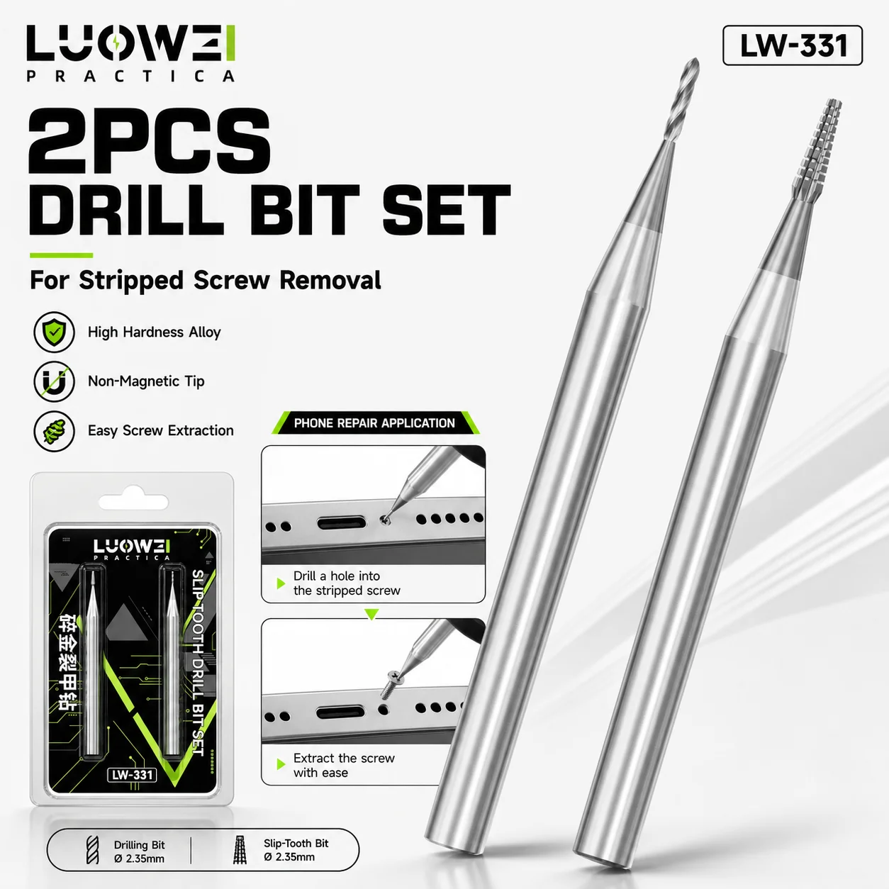 LUOWEI LW-331 2PCS Drill Bit Set, Stripped Screw Removal Tool, High Hardness Non-Magnetic Alloy Bits for Mobile Phone Repair