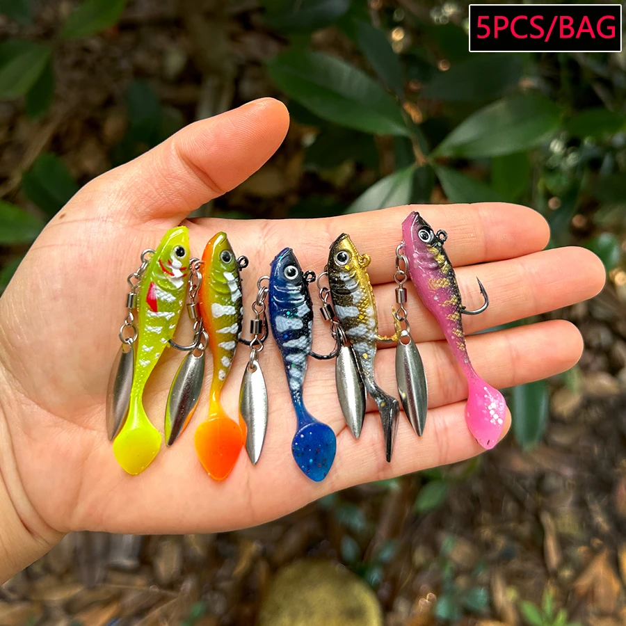 5PCS T-Tail Soft Bait Artificial Wobblers For Trolling Bass Trout Spoon Pike Carp Jig Fishing Lures With Spinner Blade Swimbait