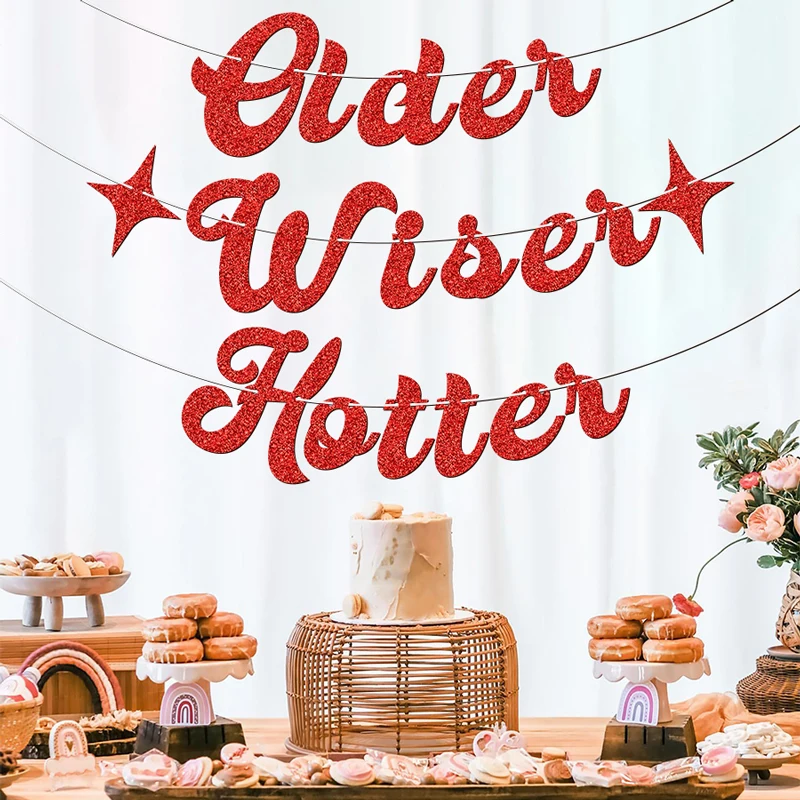 YOMDID Glitzer-Banner „Older Wiser Hotter“ mit Sternen, Geburtstagsparty-Banner für Halloween, Weihnachten, Innen- und Außendekorationen – Detail 6