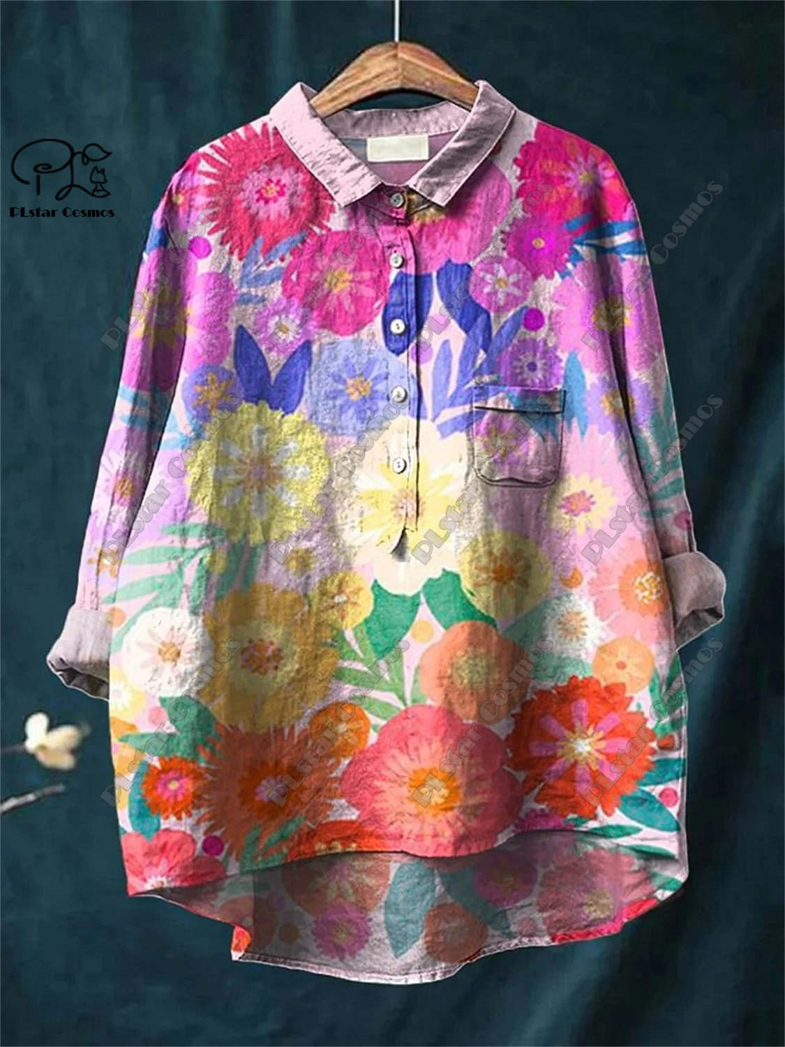 PLstar Cosmos new 3D printed women's loose retro floral fun casual printed open tube shirt  K-8