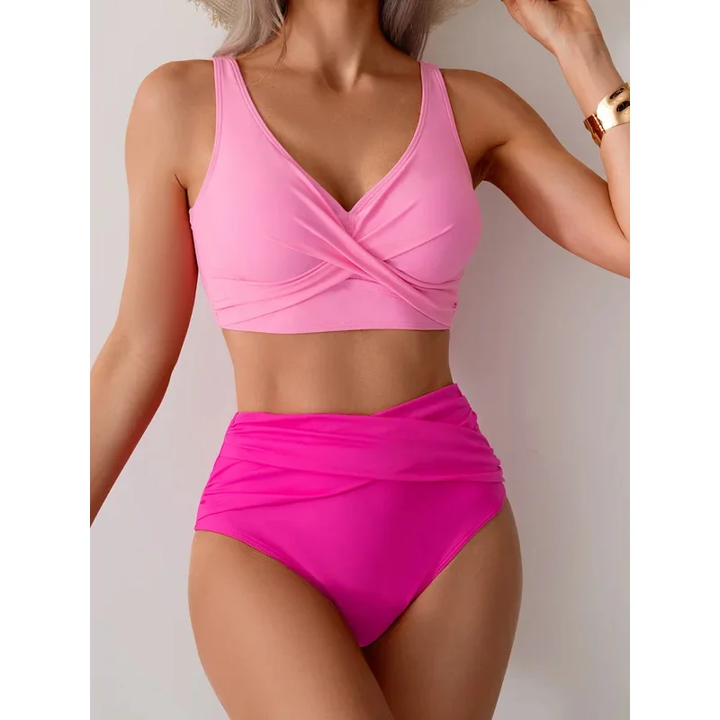Vintage Hot Pink Patchwork Bikini Women V Neck Cross Pleate High Waist Swimsuit 2026 Holiday Bathing Suit Swimwear Large Size