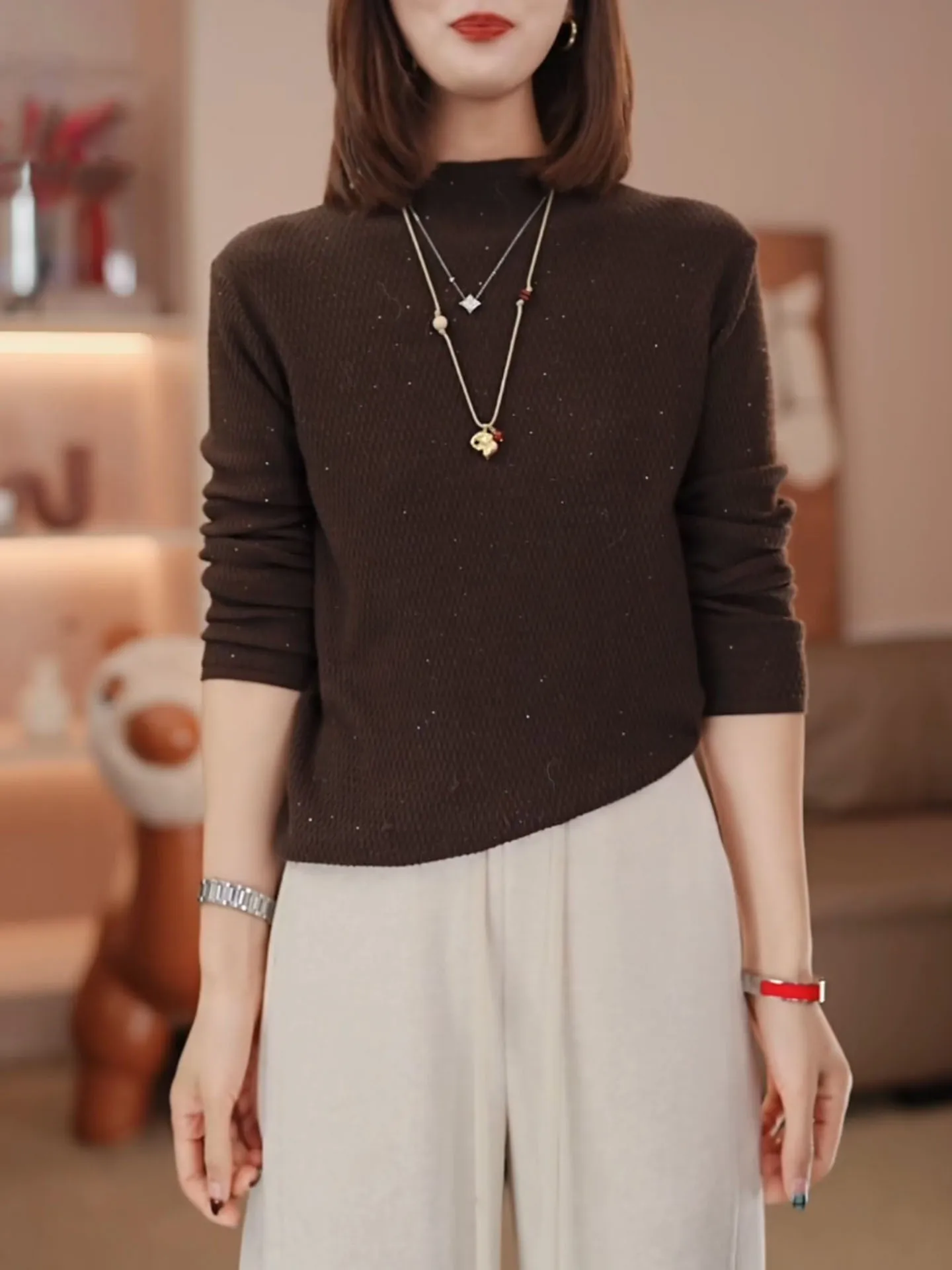 

Модный вязаный свитер женский кофейного цвета с высоким воротником, теплый, с длинными рукавами, стандартный крой, из кашемира...