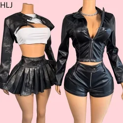 HLJ Fashion Leather Two Piece Set for Woman Black Zipper Long Sleeves Crop Jacket And Pleated Skirt Female Streetwear 2025 New
