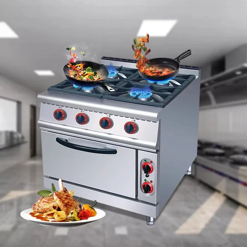 Commercial Catering Equipment Multi-function 4 Burner Stove Cooker Gas Wok Cooking Range With Oven for Restaurant