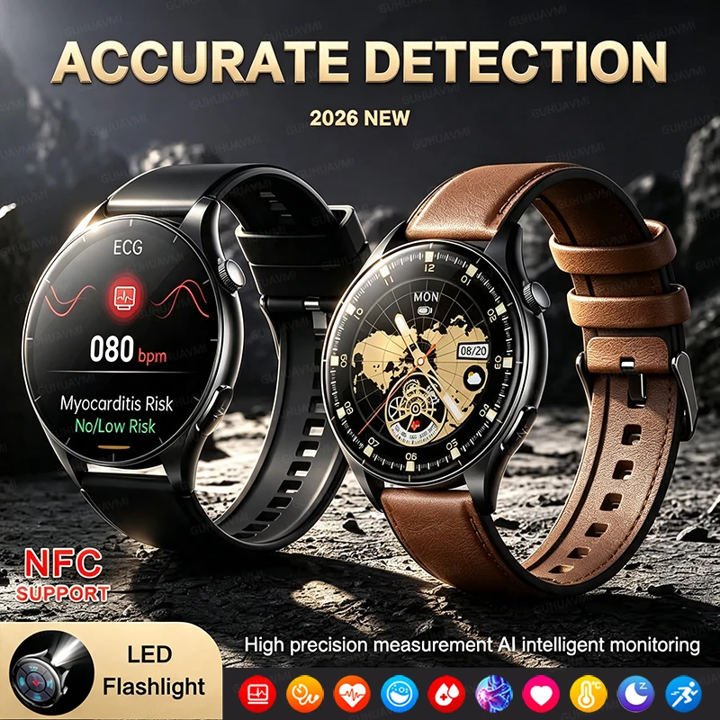 2026 NEW Health Check Smart Watch Man ECG+PPG Blood Oxygen Heart Rate Monitor 1.56" AMOLED Screen Flashlight HD Call Watch NFC