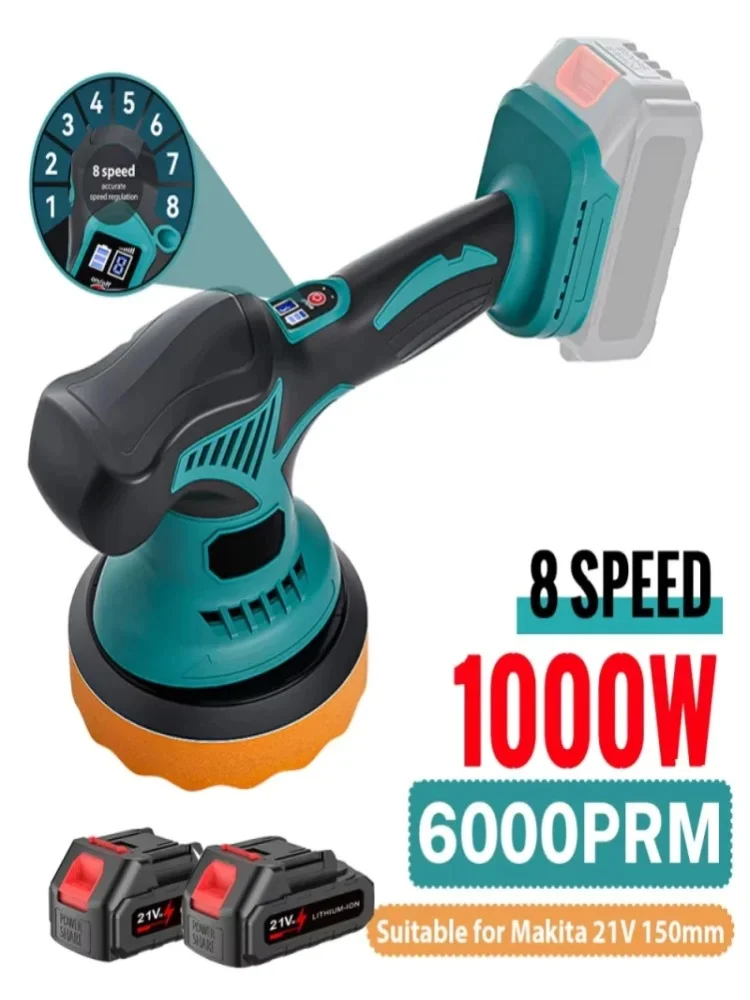 Polerka samochodowa 1000W, 8 biegów, bezprzewodowa, elektryczna, do polerowania, woskowania metalu, szlifowania drewna, kompatybilna z akumulatorem Maktita 18V — 2