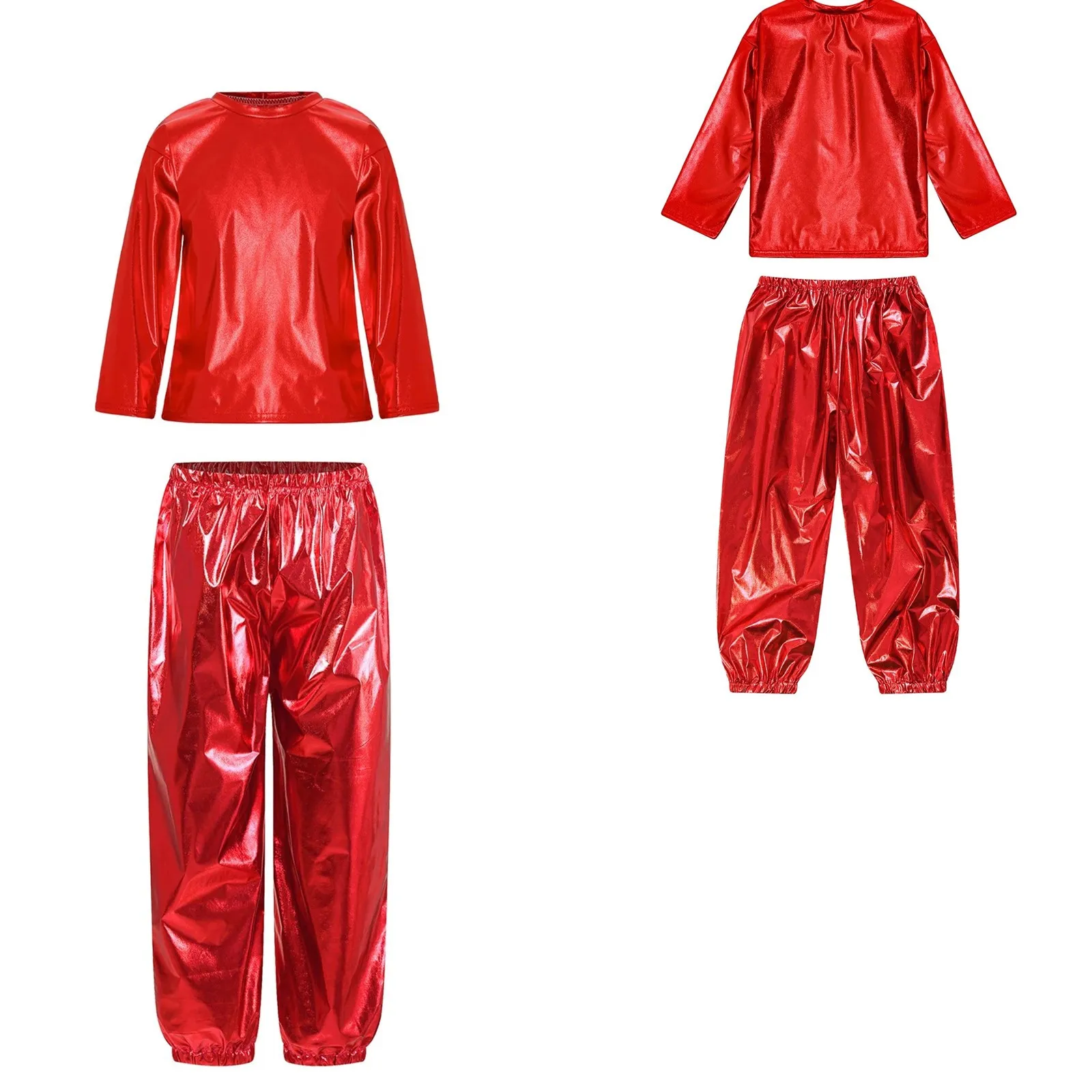 Boys Girls Dance Metallic Shiny Dance Outfit Party Choir Stage Performance Costumes Long Sleeve Round Neck T-shirt with Pants
