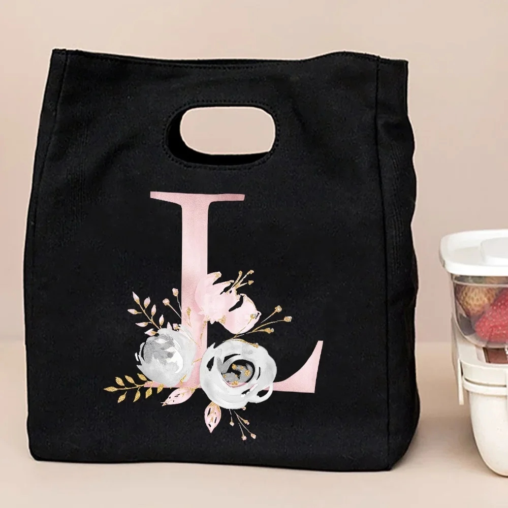 Women's Bag for Lunch Diner Container Bento Bowl Pouch School Lunchbox Tote Pink Flower Initial Letters Food Storage Handbag