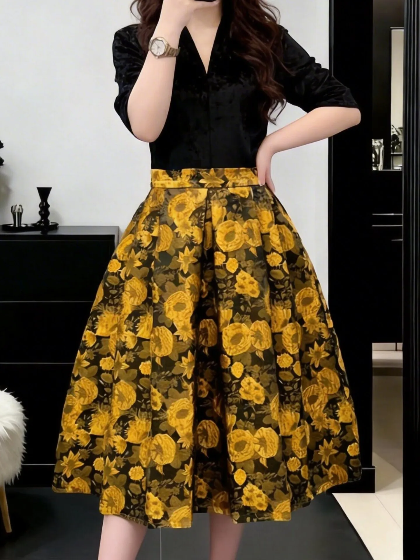 2026 New Spring Autumn Vintage Yellow Flowers Jacquard Women A-line Skirt Elegant High Waist Knee-length Female Puff Skirts