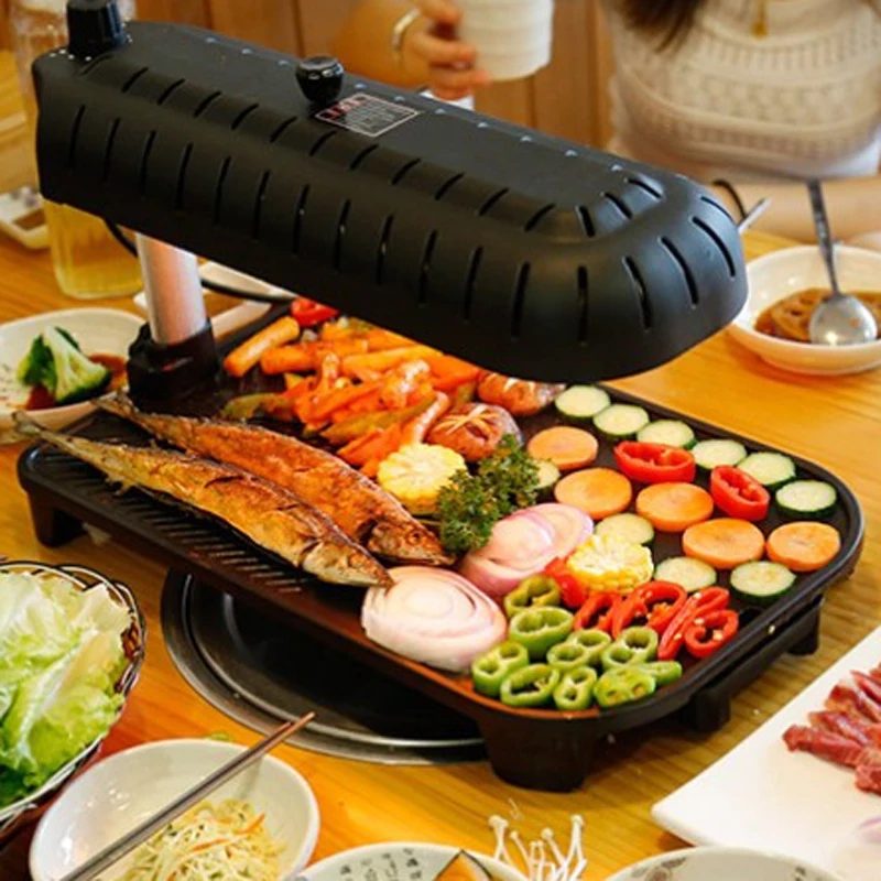 Horno eléctrico multifuncional infrarrojo para el hogar, parrilla interior sin humo, bandeja antiadherente para hornear, barbacoa, XY-00166 de 1390W