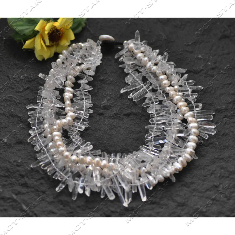 

MTC·STAR, 5 рядов, 19 дюймов, 100% натуральный чистый кристалл, колонна, белое жемчужное ожерелье в стиле барокко, застежка-узел ручной работы (Z14301)