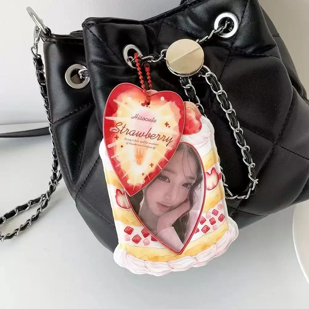 1-2PCS 3 Inch Kpop Photocard Holder Cute Strawberry Cake Heart Card Protector Portable Bag Pendant Backpack Decor Keychain Card