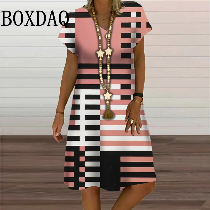 Geometric Stripe Plaid Dresses For Women 2024 New Fashion Plus Size Dress Summer Casual Short Sleeve V-Neck Pullover Loose Dress