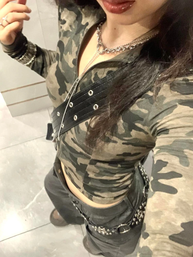 

Осенние камуфляжные куртки в стиле феи в стиле гранж, женские открытые повязки, сексуальные тонкие пальто Y2k, эстетические укороченные топы в стиле Харадзюку, уличная одежда