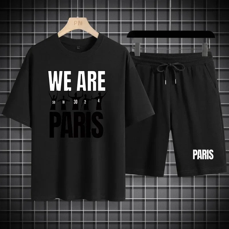 Cotton Short Sets Men Set PARIS Football Team T-Shirts Shorts Summer Sport Suit Men Casual 2 Piece set outfit Short Sets Men