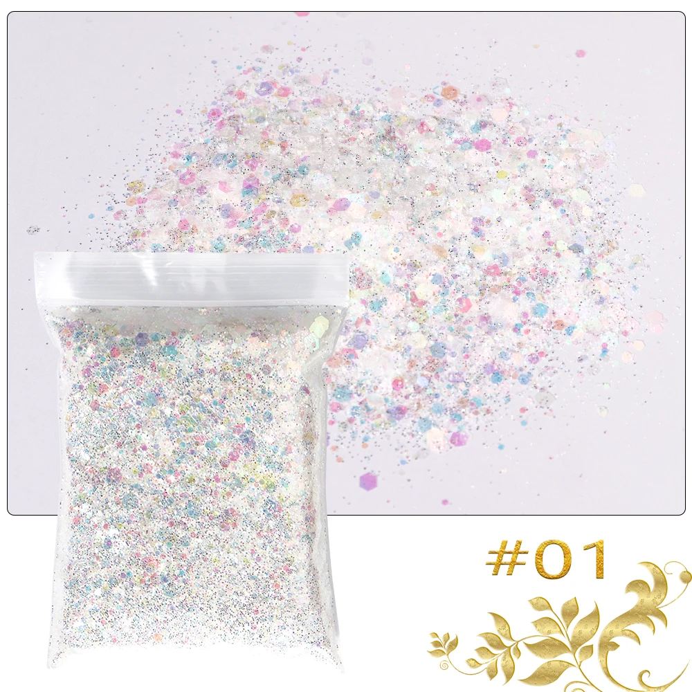 50g Aurora Iridescent Nail Glitter Sequins Mixed-Size Hexagon Shiny Mermaid Sequins Holographic Untra-Thin Sparkly Nail Flakes-&