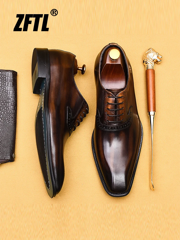 ZFTL Men's Oxfords Shoes Genuine Leather Man Dress Shoes British Business Lace up shoes Brogue Shoes Male Famale Shoes 2023 New