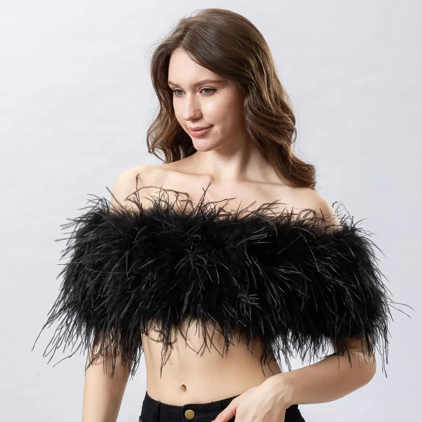 Real natural Ostrich Feather Mini Crop Top Straight Neck Tube Top Luxurious for Bride Wedding super-short tank tops