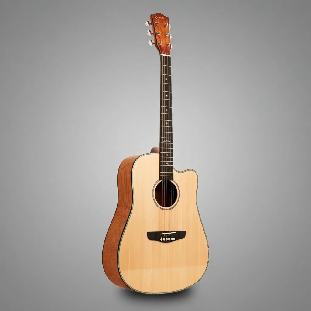 6 String Acoustic Guitar Cutaway Body Light Top Brown Back Cross Inlay Chrome Tuners White Bridge Pins Glossy Finish Slim Neck