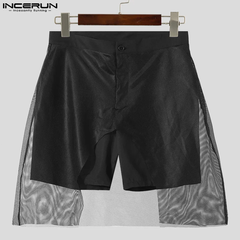 INCERUN 2024 American Style New Men Shorts Stylish Streetwear Fake Two-piece Design Shorts Male Mesh Splicing Solid Shorts S-5XL