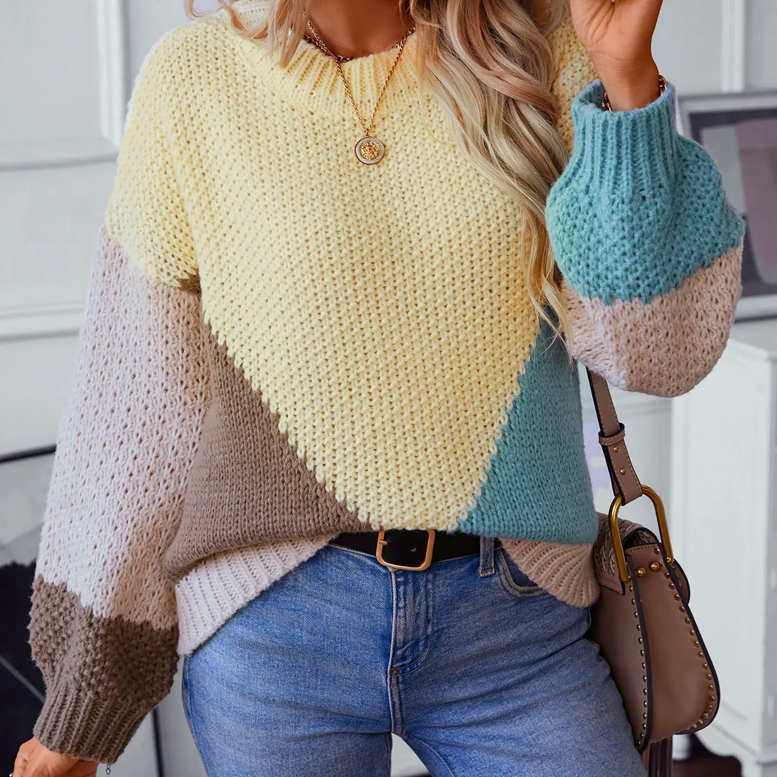 Plus Size Loose Knitted Sweater Women Jumpers Long Sleeve Woman Pullovers Sweaters Casual Winter Color Block Striped Sweater